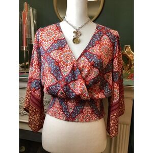 Twine‎ & String Surplice Blouse Medium Red Boho Smocked